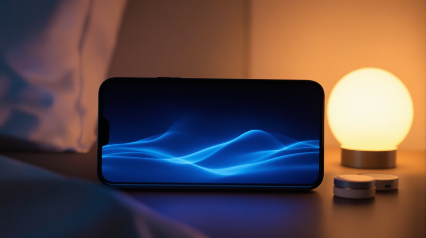 Calm evening bedroom with smartphone and soft blue wellness atmosphere