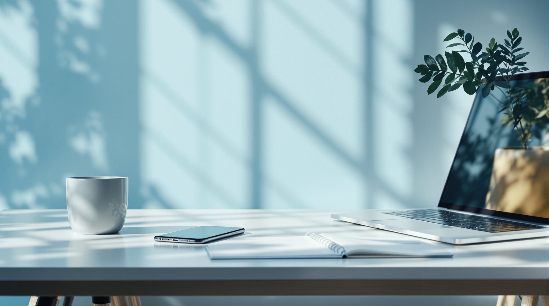 Premium work desk with smartphone and calm blue science-led atmosphere